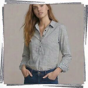 Gray & White Striped 1/2 Button Front Top w Lace & Contrasting Cuffs (S) Trovata